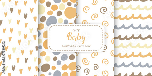 Set of four seamless Patterns for baby. Doodle hand drawn ornament in neutral Natural colors. Cute abstract background for Nursery wallpaper, fabric print for children's clothing