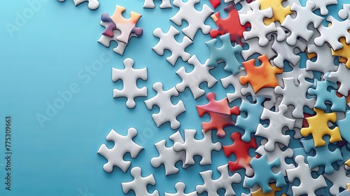Unfinished white jigsaw puzzle pieces displayed on a blue background.