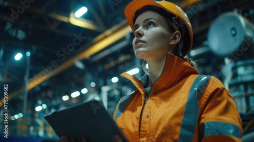 A woman in an orange jacket and hard hat holding a tablet. Suitable for construction or technology concepts