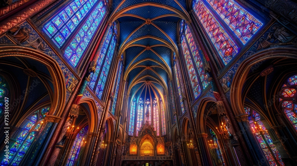 Detailed architecture and stained glass in grand cathedral, wide angle lens capture