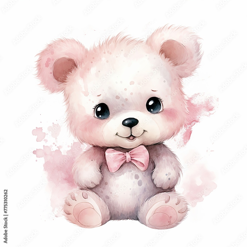 Obraz premium Watercolour Animal Clipart Cute Baby teddy bear Siting on white background