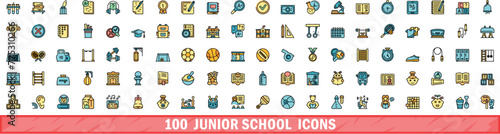 100 junior school icons set. Color line set of junior school vector icons thin line color flat on white