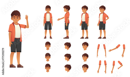 Complete character design of a young boy with various facial expressions and poses for animation.