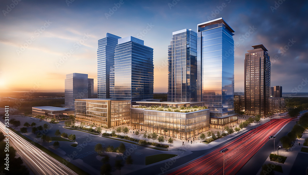 Commercial real estate development project, depicting developers and investors planning office buildings, looking like a modern metropolis with modern buildings, Commercial real estate development project, depicting developers and investors planning office buildings, looking like a modern metropolis with modern buildings,