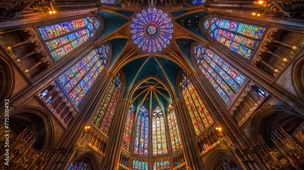 Exquisite cathedral  intricate architecture and vibrant stained glass captured with wide lens
