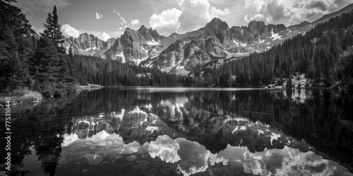 A serene mountain lake captured in black and white. Ideal for nature and landscape themes