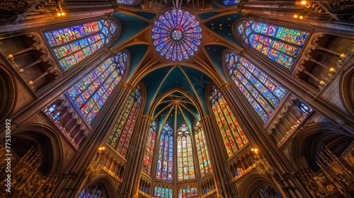 Exquisite cathedral intricate architecture and vibrant stained glass captured with wide lens