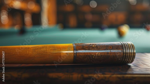 A baseball bat resting on a wooden table. Suitable for sports and leisure concepts