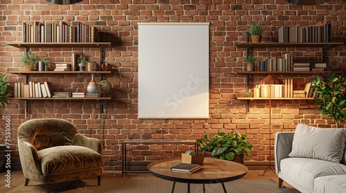 A cozy, inviting living room interior mockup, featuring a wall poster mockup on a textured brick wall, flanked by industrial-style shelves filled with books and plants.