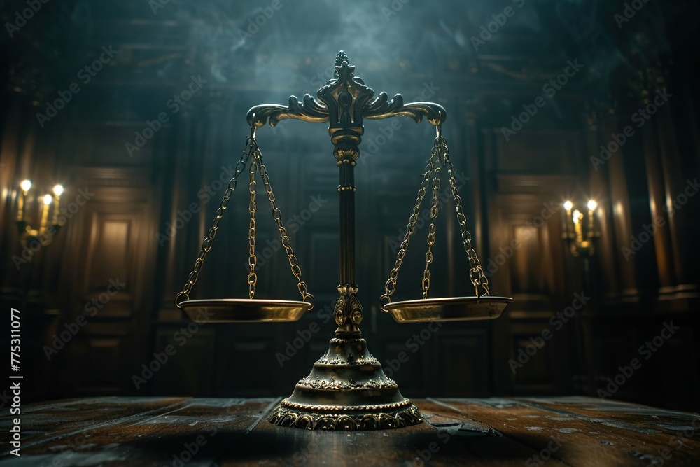 Scales of justice inside a dark court hall in a cinematic style with soft rays behind it. Legal concepts of judiciary, Jurisprudence and justice. - obrazy, fototapety, plakaty 