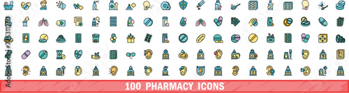 100 pharmacy icons set. Color line set of pharmacy vector icons thin line color flat on white