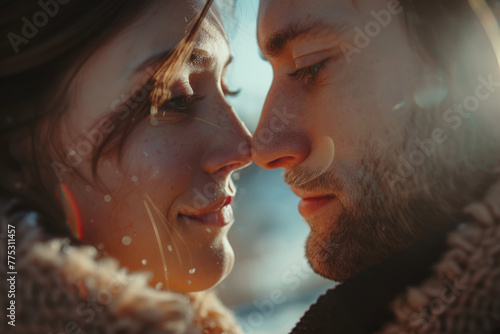 A man and a woman are touching their noses