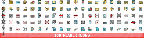 100 reader icons set. Color line set of reader vector icons thin line color flat on white