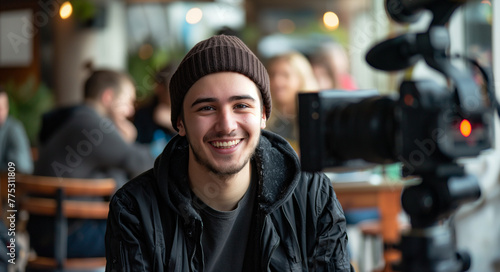 Portrait of a smiling male being interviewed for a video, with a camera crew in the background at an event © Nii_Anna