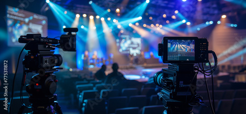 Cameras capturing a vibrant esports event on stage  