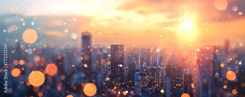 Abstract blurred city landscape with sun flare and bokeh effect Background banner for web design, advertising, poster Generative AI photo