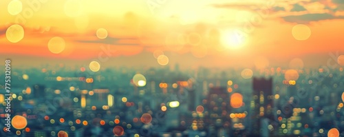 Blurred cityscape background with bokeh lights and sunset sky, golden light, yellow tone, blurred urban landscape Generative AI photo