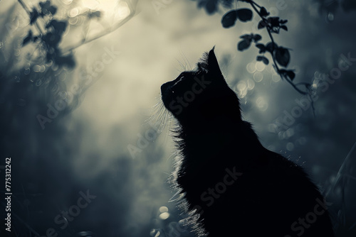 Silhouette of cat in moonlight  misty night  tranquil nature scene  mysterious feline  dark outline  ethereal atmosphere  peaceful outdoor