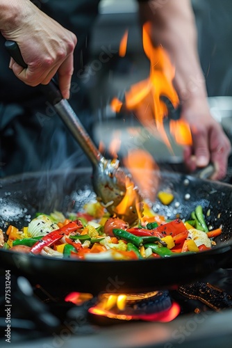 Person cooking vegetables in a wok, suitable for culinary concepts