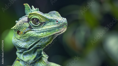 Close-up of a green basilisk lizard with detailed scales and vibrant eyes in a natural setting