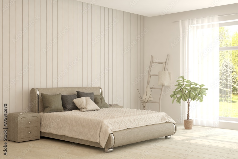 White bedroom concept. Scandinavian interior design. 3D illustration - obrazy, fototapety, plakaty 