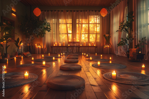  Cozy meditation room with candles and cushions, warm sunset light, wooden floor, serene ambiance, indoor plants, soft drapery © JJ1990