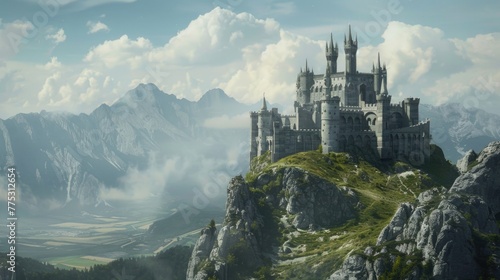 A majestic castle perched on a mountain peak. Ideal for travel and fantasy concepts