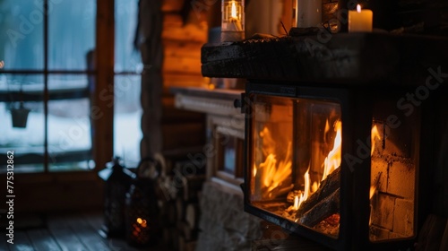 a warm fireplace at home in winter