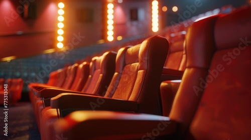 A row of red leather chairs in a theater. Perfect for interior design concepts