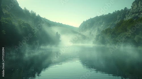  Water enclosed by dense greenery, distant mountain range and mysterious mist
