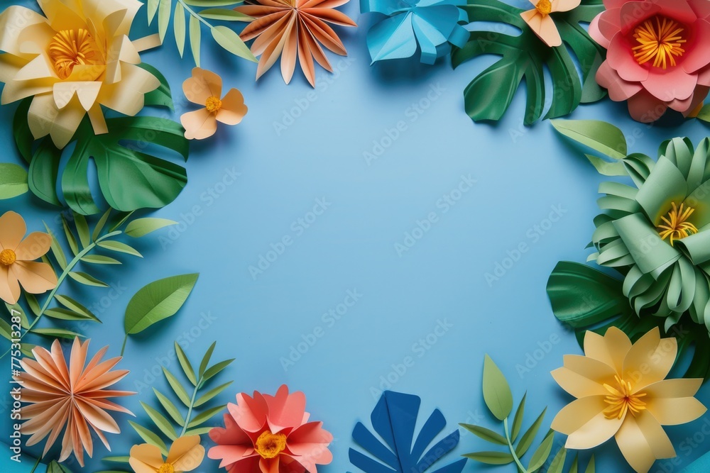 Colorful paper flowers arranged in a circle on a blue background. Perfect for spring or craft-related designs Colorful paper flowers arranged in a circle on a blue background. Perfect for spring or craft-related designs