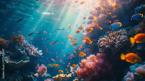 Coral reef, sunlight filters, colorful fish