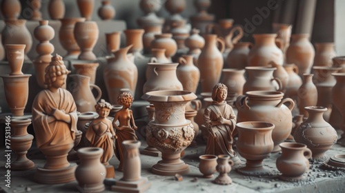 A collection of clay vases and statues on a table. Suitable for home decor or art concept