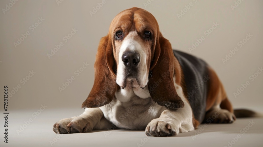 Close-up of a resting Basset Hound dog with floppy ears and a calm expression