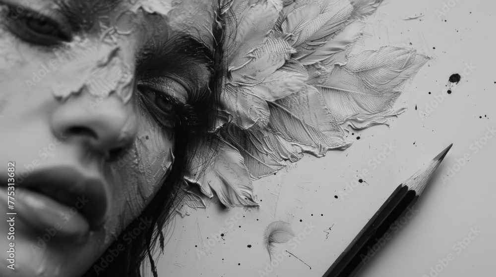 Fototapeta premium A woman with feathers on her face, perfect for artistic projects