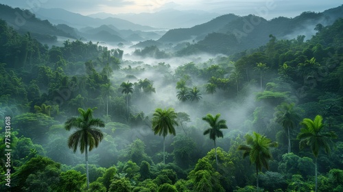   A dense  misty woodland with numerous trees and a distant mountain range framed by tree-covered foreground