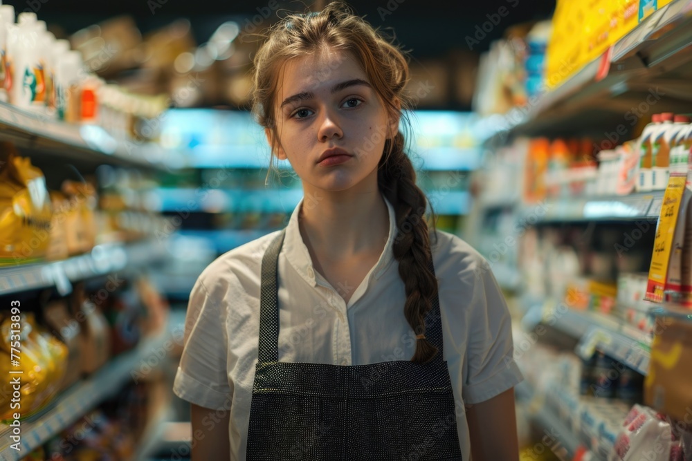 A girl in an apron standing in a grocery store. Suitable for food industry concepts