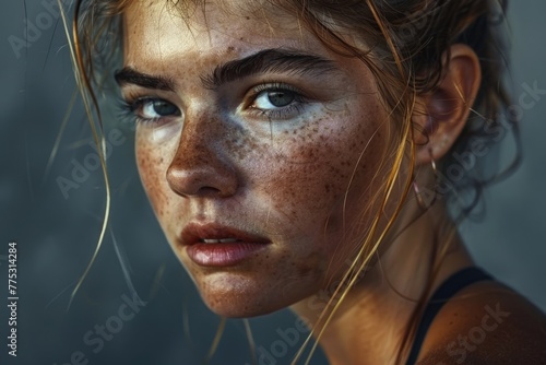 Close up portrait of a woman with freckles, suitable for beauty and skincare concepts