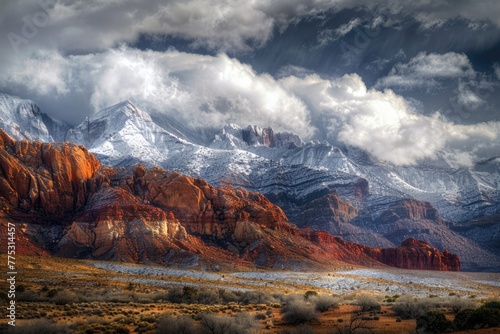 Snow Canyon - A Majestic Landscape of Red Rocks and Mountains with Stunning Cloud Formation