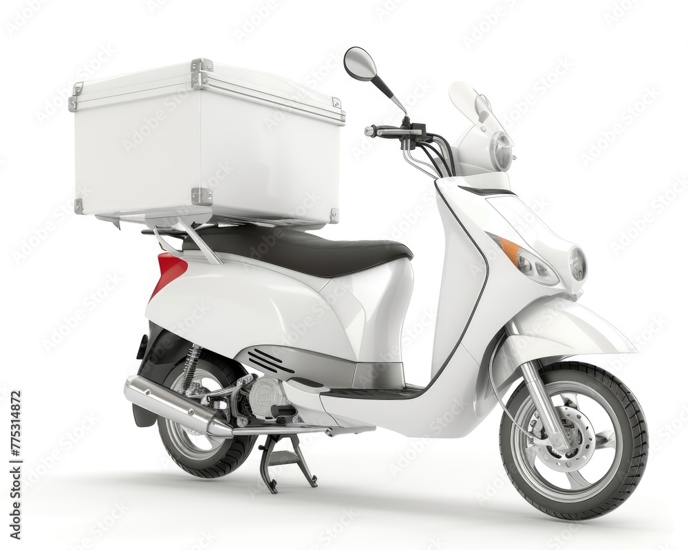 Three-dimensional render of Motorcycle Delivery Box isolated on white background. Illustration of motorcycle with delivery box, ideal for transportation and scooter concept