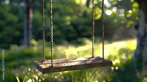 A wooden swing hanging from a tree in a park. Suitable for outdoor recreation concepts