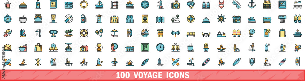 100 voyage icons set. Color line set of voyage vector icons thin line color flat on white 100 voyage icons set. Color line set of voyage vector icons thin line color flat on white