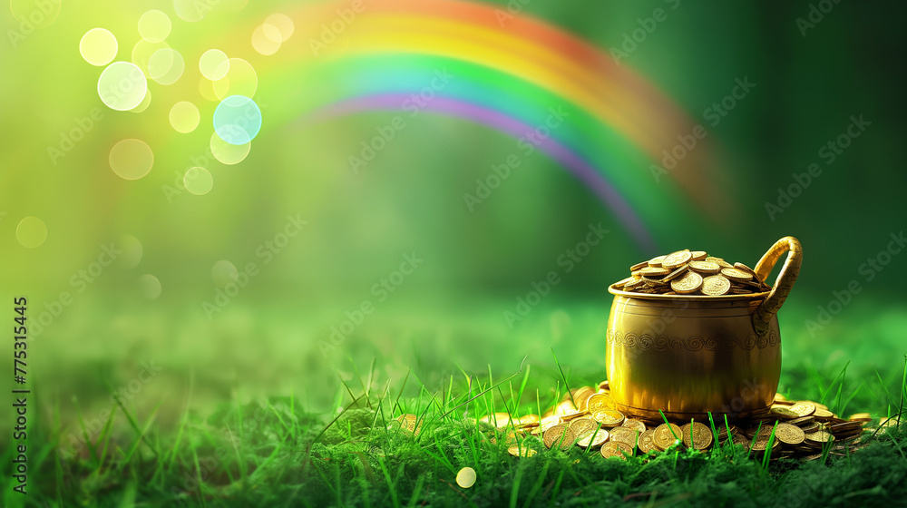Pote de ouro com um arco íris no fundo verde  - obrazy, fototapety, plakaty 