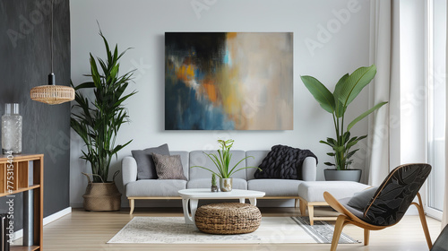 Sala de estar cheia de plantas com um quadro de arte abstrato na parede  photo