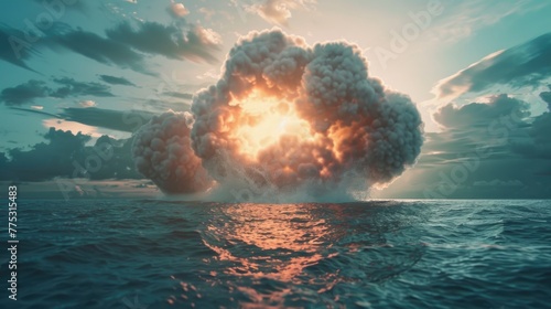 A large cloud of smoke rising over the ocean, suitable for environmental or disaster concepts