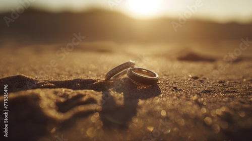 Duas alianças na areia ao por do sol   photo