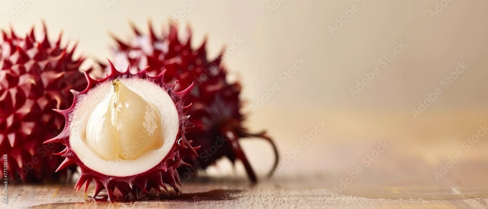   Close-up of a rambutan on a table with the shell still in it