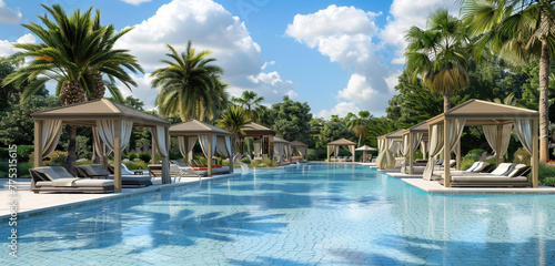 A tropical paradise is created by a resort-style pool surrounded by chic cabanas and palm palms photo