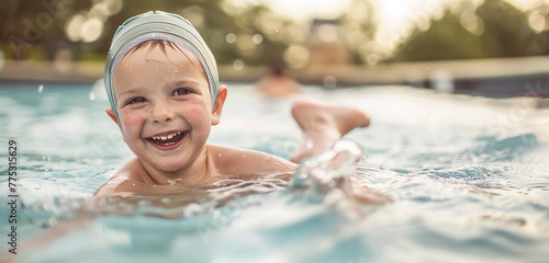 A young child with a swim cap on, his cheeks red from the water, is playingfully kicking in the pool and grinning broadly before the camera