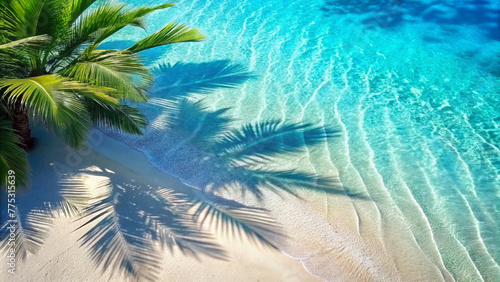 Top-down photo of  crystal clear turquoise water  palms on a beach.